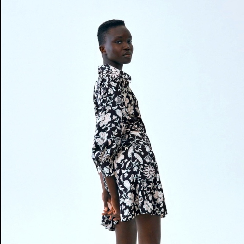 ZARA Floral Satin Effect Long Sleeve Shirt Dress Black White Size XL Fall Style - Picture 2 of 16